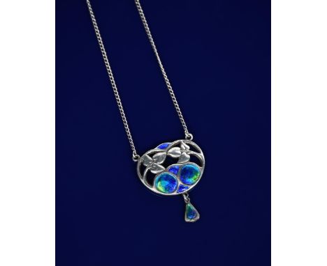 An Art Nouveau Charles Horner silver and enamel pendant necklace, pierced and cast with foliate panels, enamelled in shades o