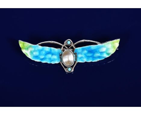 A continental silver and enamel Scarab brooch, set with mother of pearl body and small turquoise stones, enamelled blue to gr