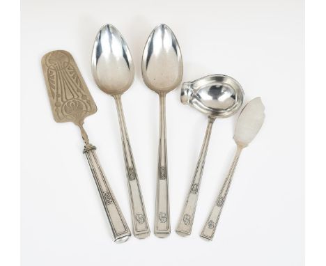 Five Darmstadt Clarfeld Springmeyer (Hemer) electroplated metal serving implements designed by Joseph Maria Olbrich, comprisi