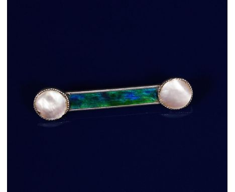 A Queensway silver and enamel bar brooch,  the rectangular panel enamelled green and blue, set with two pearl roundels, stamp