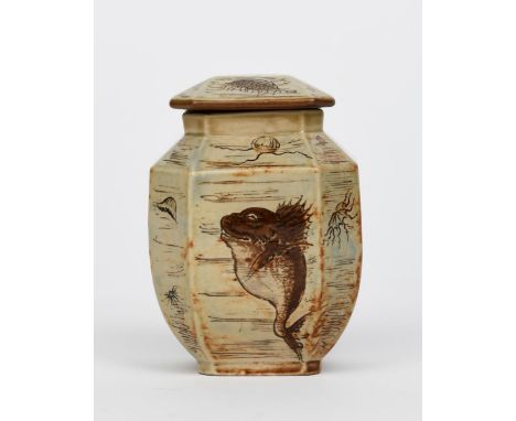 A fine Martin Brothers stoneware Aquatic tea caddy and cover by Edwin and Walter Martin, dated 1900, canted square section, i