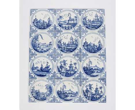 A set of twelve Minton and Hollins tiles, printed in blue on a white ground with idealised Chinese landscape scenes, includin