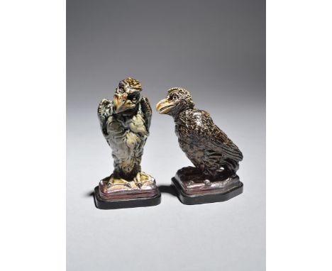 The Barrister and his Defendant an important pair of small Martin Brothers stoneware birds by Robert Wallace Martin,  the bar