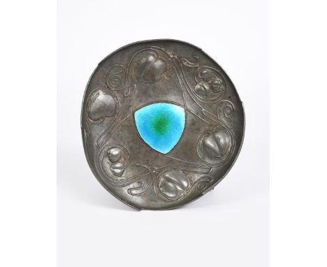 A Liberty &amp; Co English Pewter and enamel Bollellin dish designed by Archibald Knox, model no 044, cast in low relief with