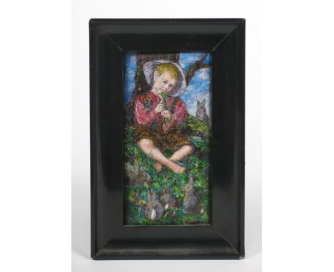 Enchanter an enamel panel by Eleanor Doris Varley, painted with a young boy playing a whistle to charm the wild rabbits, fram