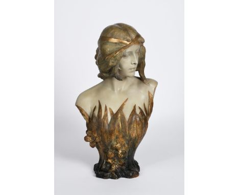 A large Art Nouveau Goldscheider Pottery bust of a maiden by Gambeauche, model no.2437, modelled casting a sideward glance, w