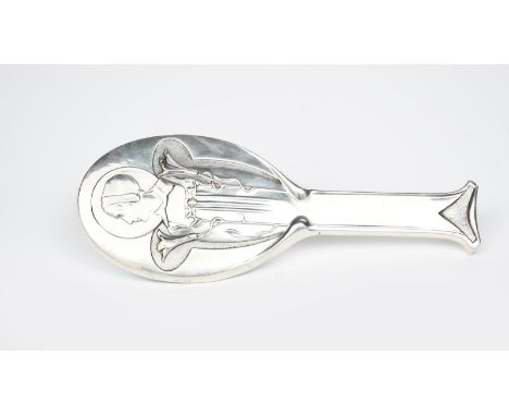 A William Hutton &amp; Sons Ltd silver hand mirror designed by Kate Harris,  elliptical, stamped in low relief with a maiden 