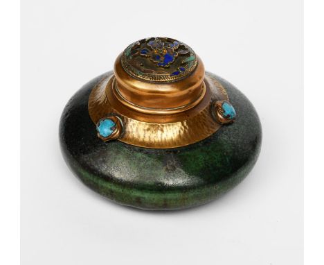 An Alexander Bigot stoneware inkwell with patinated metal mount and cover,  no.973, the compressed ovoid stoneware body appli