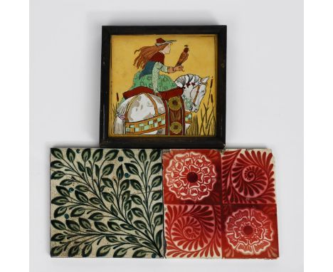A William De Morgan Rose and Scroll tile, painted with alternate Tudor Rose and scroll foliage design in ruby lustre on a whi