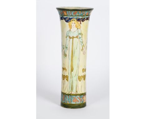 A Della Robbia Pottery vase by Cassandra Annie Walker, dated 1899, cylindrical form with everted rim, incised with three Art 