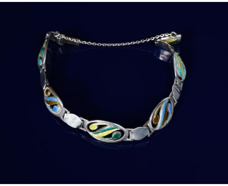 A Stainton Brothers silver and enamel link bracelet, pierced and cast links with turquoise, green and blue enamel, stamped ma