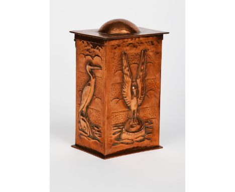 A rare Newlyn Industrial Classes copper tea caddy, rectangular section with hinged cover, hammered in relief to the front wit