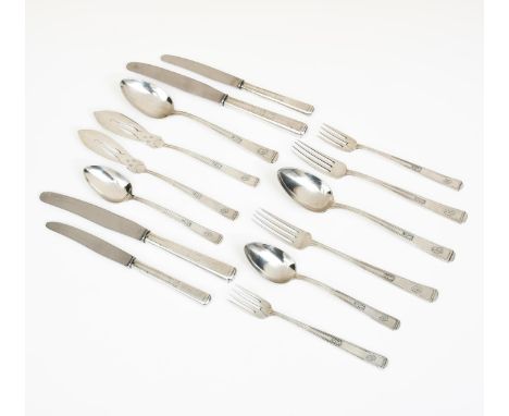 Two Darmstadt Clarfeld Springmeyer (Hemer) eight piece electroplated metal cutlery settings designed by Joseph Maria Olbrich,
