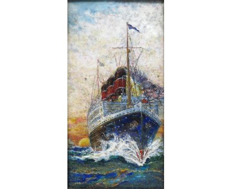 Sunset an enamel panel by Eleanor Doris Varley, dated 1927, painted with a liner steaming directly towards, the sun setting i