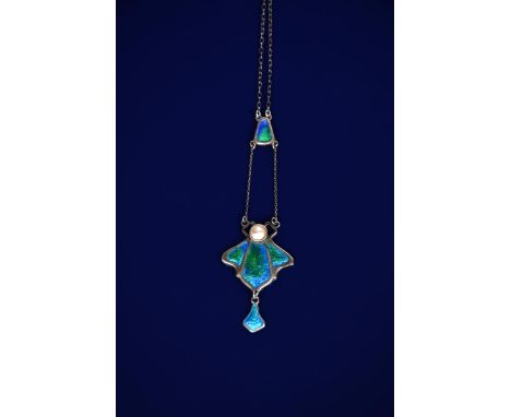 An Art Nouveau Charles Horner silver and enamel pendant necklace,  cast as a stylised moth, enamelled in shades of green and 