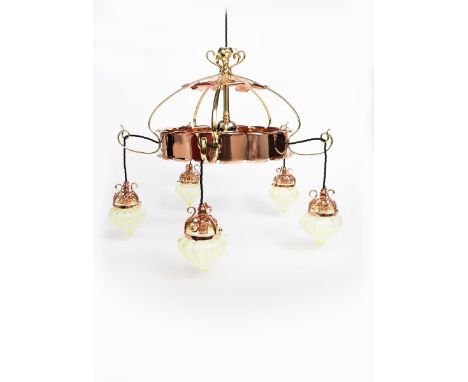 An impressive W.A.S. Benson copper and brass ceiling light,  the floriform rose supporting circular body with six brass scrol