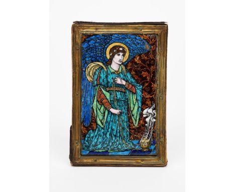 A Pre-Raphaelite enamel on copper panel of an angel,  painted kneeling and holding an incense burner, in gilt metal frame mou