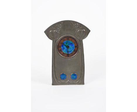 A Liberty &amp; Co English Pewter and enamel mantel clock designed by Archibald Knox, model no. 0370, rectangular section, ca