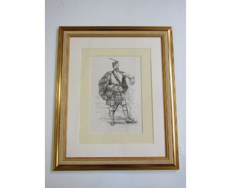 Jeffrey Burn (Contemporary) A pen and ink study of a Victorian Highland Regimental Officer, framed and mounted under glass, t