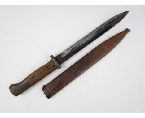 A German Third Reich S84/98 bayonet, the blade stamped 42agv and having a matching serial to the scabbard