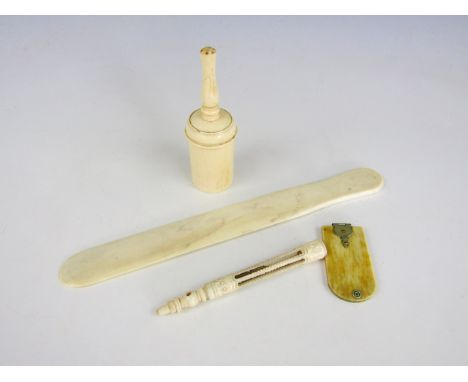 Sundry 19th Century carved bone, including an aide memoir, a dip pen, letter opener and glove powderer (4)