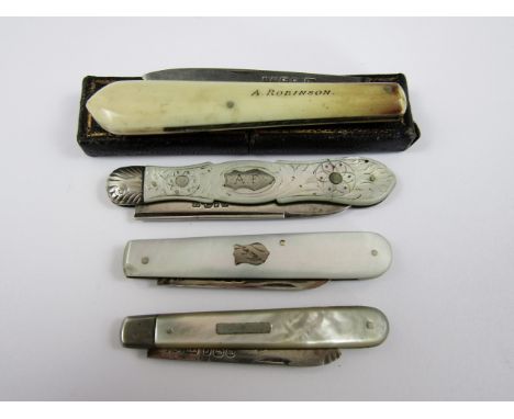 Four Victorian and later silver folding fruit knives, three having mother of pearl grip scales, the fourth with horn, the lat