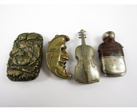 Four late 19th / early 20th Century novelty vesta cases, modelled in the form of a violin and a hip flask etc. (4)