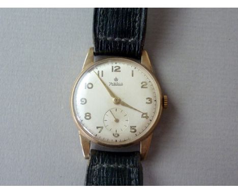 A 1950s gentleman's 9ct gold cased Roidor wrist watch, with Swiss made 17 jewel manual wind movement, silvered face, gilt Ara