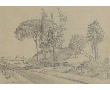 ▴ John Aldridge RA (1905-1983) 'Via Appia' inscribed and dated '11 Aug ‘57' l.l., pencil 18.5 x 24.5cm  Provenance: From the 