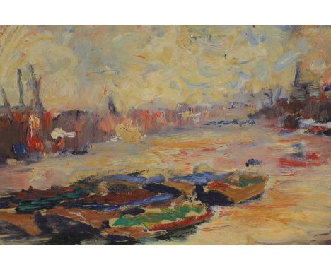 Leonard Bennetts (New Zealand, 1933-2004)Barges moored on the riversigned 'Leonard Bennetts' l.l., oil on canvas34 x 44.5cmCo