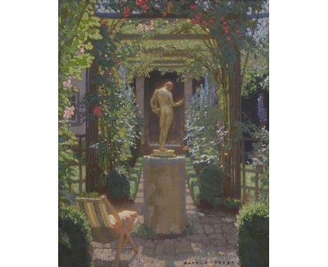 ▴ Harold Speed (1872-1957)A garden with a classical statue beneath a pergolasigned 'HAROLD SPEED' l.r., oil on canvas64 x 51c