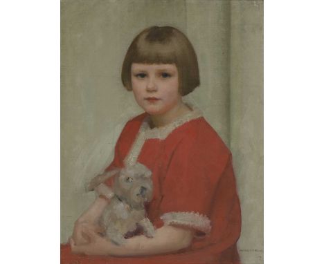 ▴ Harold Speed (1872-1957)Portrait of a young girl in a red dress holding a toy rabbitsigned 'HAROLD SPEED' l.r., oil on canv