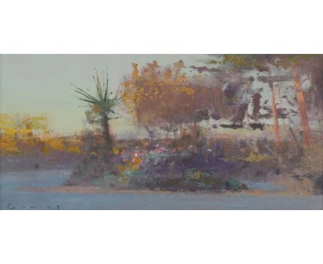 ▴ Fred Cuming RA (1930-2022)'Dawn Garden'signed 'Cuming' l.l., oil on board20 x 40.5cmProvenance: With Thompson's, Marylebone