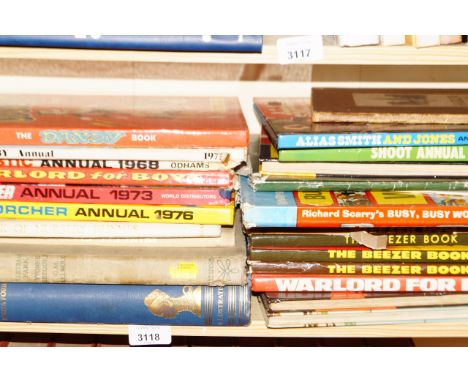 Various 1970's children's annuals, including The Dandy, Warlord, Striker, etc, (1 shelf).