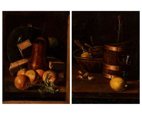 Spanish school, following models by LUIS EGIDIO MELÉNDEZ (Naples, 1716 - Madrid, 1780); circa 1800."Couple of still lifes".Oi