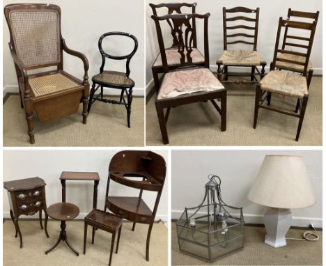 A 19th Century mahogany and inlaid corner washstand, two Provincial Chippendale style dining chairs, a Victorian caned commod