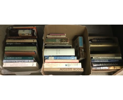 Three boxes of assorted books relating to art and antiques, together with a folio containing various blueprints, architectura