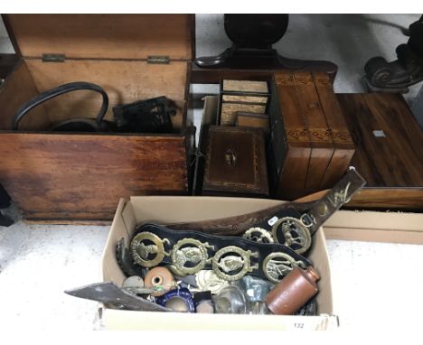 A box containing various leather mounted horse brasses, stoneware and glass inkwells, a box containing various writing and je