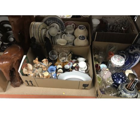 Four boxes of assorted decorative china wares, to include Pendelphin rabbits, various decorative plates, a Burleighware "Asia