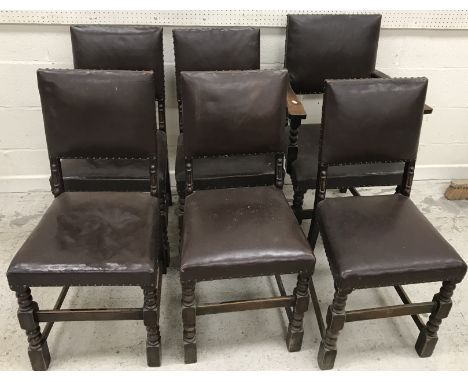 A set of six early 20th Century oak dining chairs in the 17th Century manner with studded leather backs and seats on bobbin t