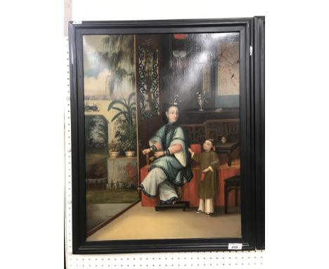 19TH CENTURY CHINESE SCHOOL "Woman and child in an interior, she smoking a pipe, a garden unfolding in the background", oil o