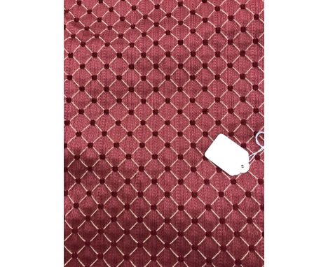 Two pairs of satin finish lined curtains with pencil pleat taped headings, the burgundy ground with trellis and dot pattern, 