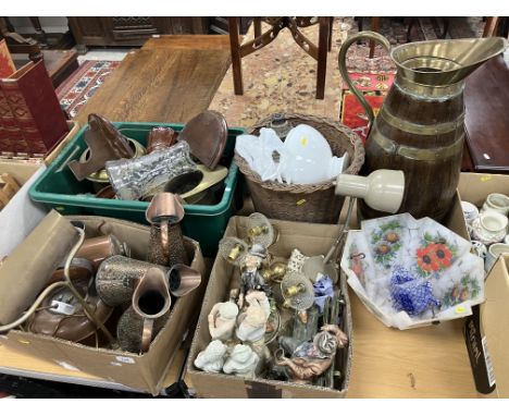 Three boxes of assorted metal ware, china and glass to include a set of three textured copper jugs one stamped "JS&S Old Copp