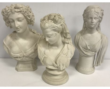 A KPM Berlin porcelain Parian ware bust of Queen Louise of Prussia, 26.5 cm high, a Weigel & Messerschmidt Parian ware bust o