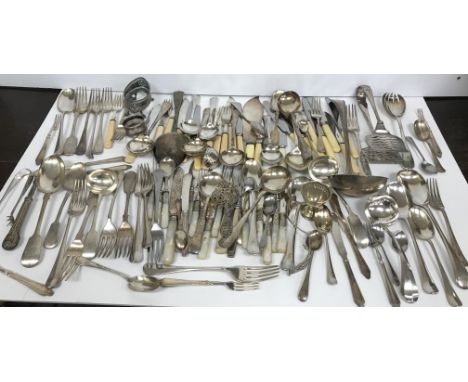 A box of various plated wares to include mainly cutlery, pair of asparagus servers, salt stand, egg cup, various ladles, fork