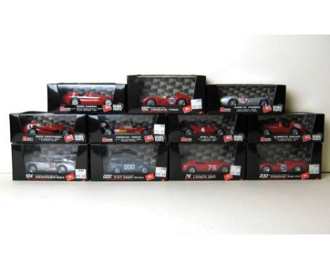 A quantity of Brumm scale models, comprising; a Fiat 500C Belvedere, 1954, SO32, a Juan M Fangio, 1955, SO40, a Ferrari 156, 