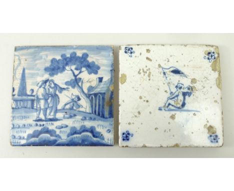 An 18th century blue and white English delftware tile depicting a figural scene, and another depicting a cherub with flag, 13