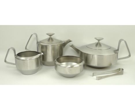 An Old Hall stainless steel tea set, by R. Welch, comprising tea pot, hot water pot, milk jug, sugar bowl, and tongs. (5)