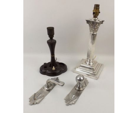 A silver plated Corinthian column table lamp, 36cm, a vintage bakelite stick table lamp, and a pair of Art Deco chrome door h