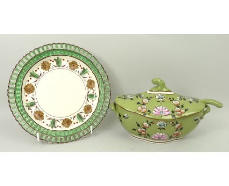 A Spode pottery sauce tureen, cover and ladle, early 19th century, painted with flowers against a pea green ground, pattern n
